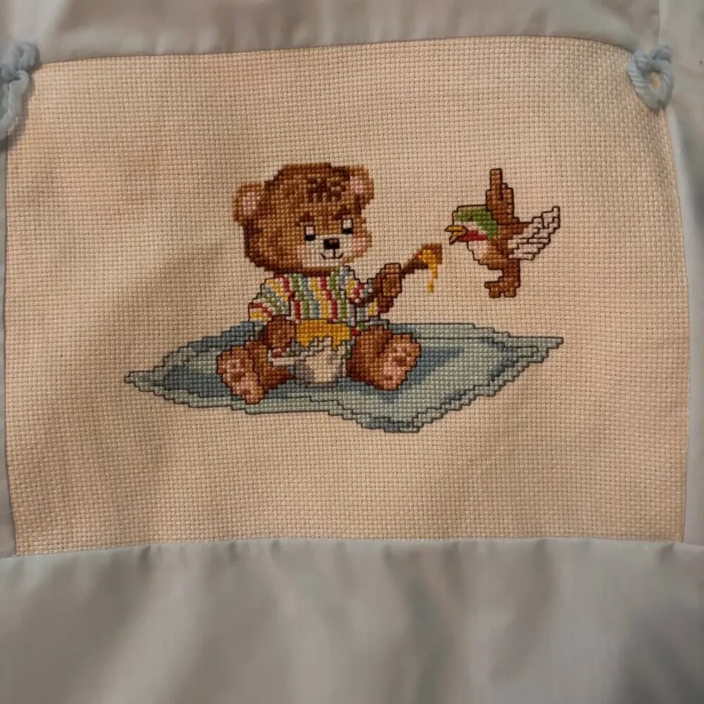 Vintage Baby Quilt Wall Hanging w/ 8 Cross Stitch Panels Bedtime Teddy Bears